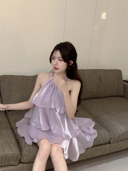 Woman Dress Elegant Sweet Sleeveless Ruffles Mesh Loose Summer New Cake Mini Dresses Solid Sexy Female Casual Fairy 2026