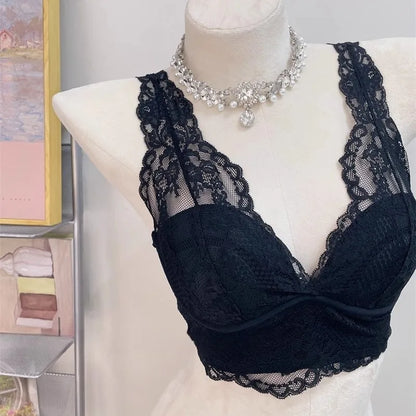 French Lace Lingerie Gathered No Steel Ring Bra Deep V Neck Sexy Wire Free Bras Underwear Tank Tops Padded Camisole Vest