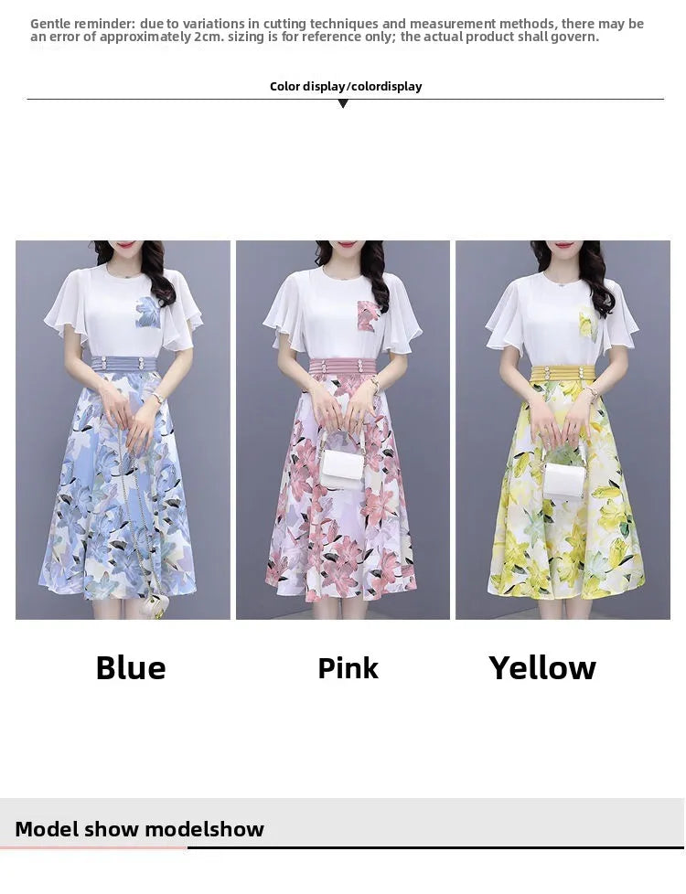 Floral Print Chiffon Dr Set Women's Summer Faion Slimming ular f-length Skirt Two-piece Set round Ne ort Sve
