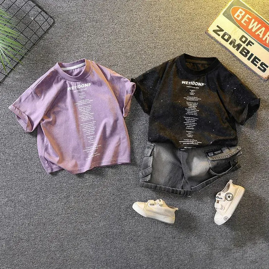 Baby Boys Summer Clothes Fashion Crew Neck Children Tracksuit Letter Printed T-shirt Denim Shorts 2pcs Suit Kids Outfit 2-11Y