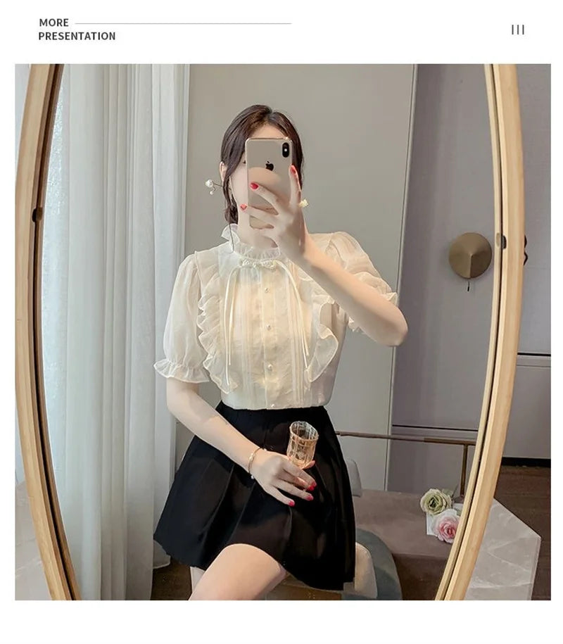 New Chinese Button French Ruffled Lace Gentle Chiffon Shirt 2025 Summer Fashion Temperament New Design Small Shirt Stylish Top