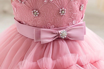 Party Dresses For Girl Formal Prom Wedding Dress Beaded Embroidery Mesh Princess Dress For Infant Baby 1st Birthday Baptism Gown