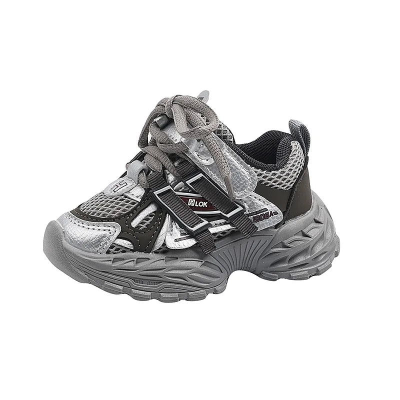 Children Sport Shoes Spring Autumn Kids Sneakers Soft Breathable Mesh Shoes Boys Girls Lace-up Running Shoes Gray, Black