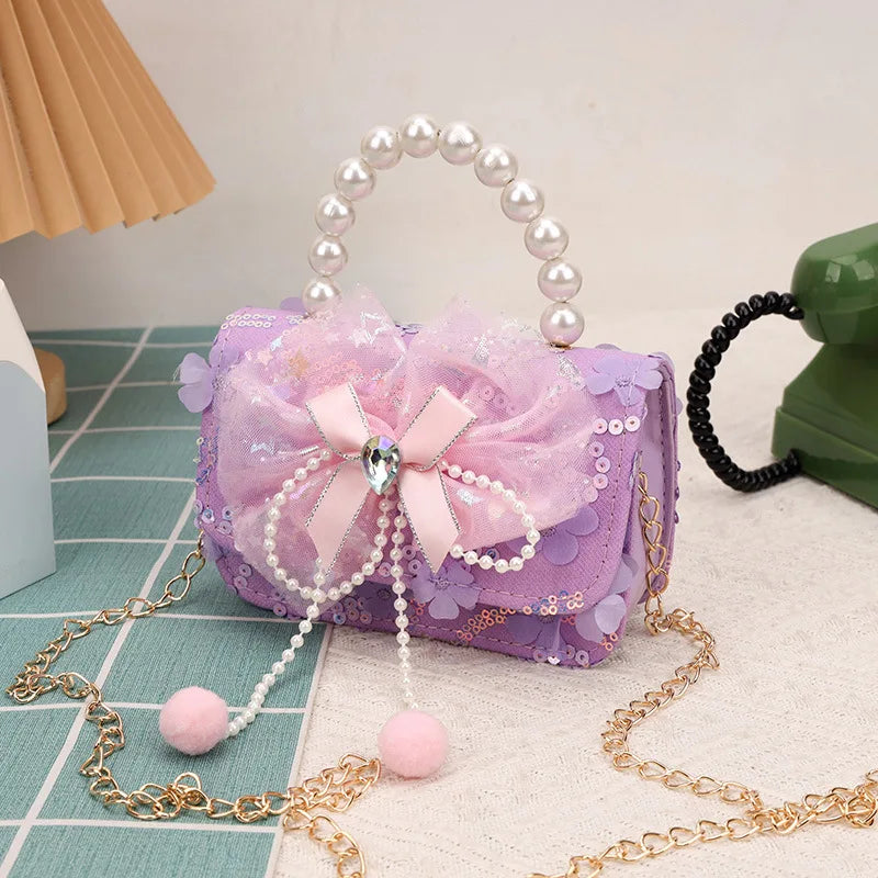 Cute Sequin Bow Kids Mini Square Shoulder Bags Versatile Children Chain Crossbody Bag Lace Girls Pearl Handbags Clutch Purse (Available)