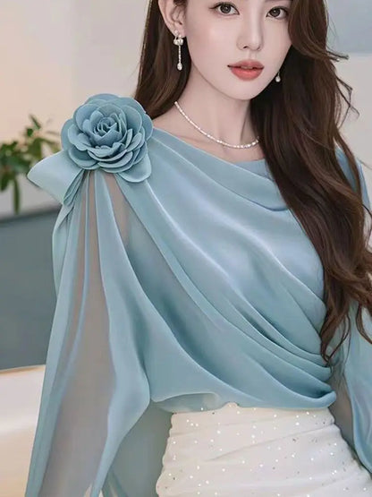 Spring Autumn New Solid Color Solid Color Long Sleeve Blouse Women High Street Casual Floral Patchwork Pullovers Elegant Tops