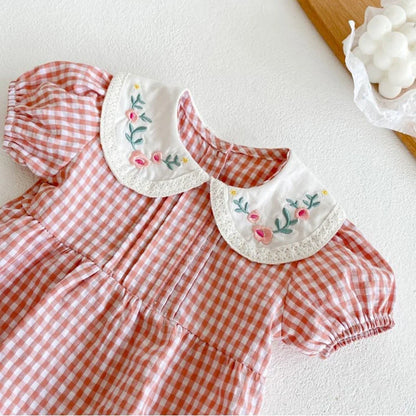 2-6Yrs Summer Girl Draped Dress Children Dress Pink Plaid Turn-Down Collar Kids Clothes Embroidery Toddler Baby Girls Clothing