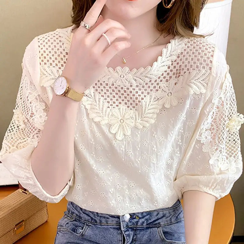 Blouses Women Hollow Out O-neck Half Sleeve Loose Tops Summer Casual Elegant Ladies French Style Daily Trendy
