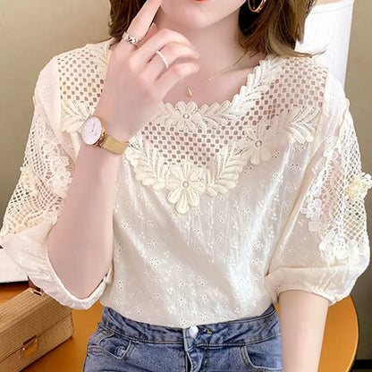 Blouses Women Hollow Out O-neck Half Sleeve Loose Tops Summer Casual Elegant Ladies French Style Daily Trendy