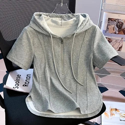 Summer New Women's Zipper Hoodie ort Sve T-irt Pure Cotton Slim Fit ort Fibone Top Korean Sle Commute Faion