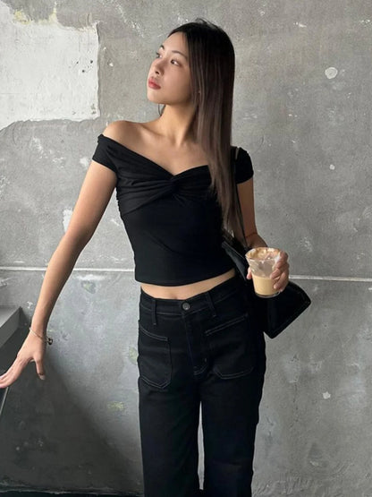 Faionable Pure Color Knot Fold over One oulder ort Crop Top T-irt Street Sle Slim Fit Polyester Summer New Arrival