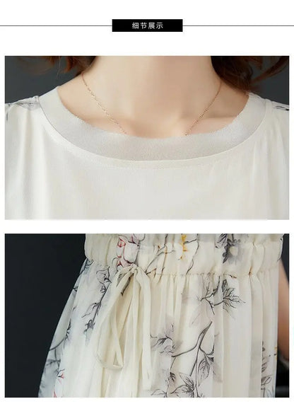 Summer New Elegant Fashion Printing Tank Dress Ladies Sleeveless Holiday Casual Robe Women Drawstring Waist A-line Midi Vestidos