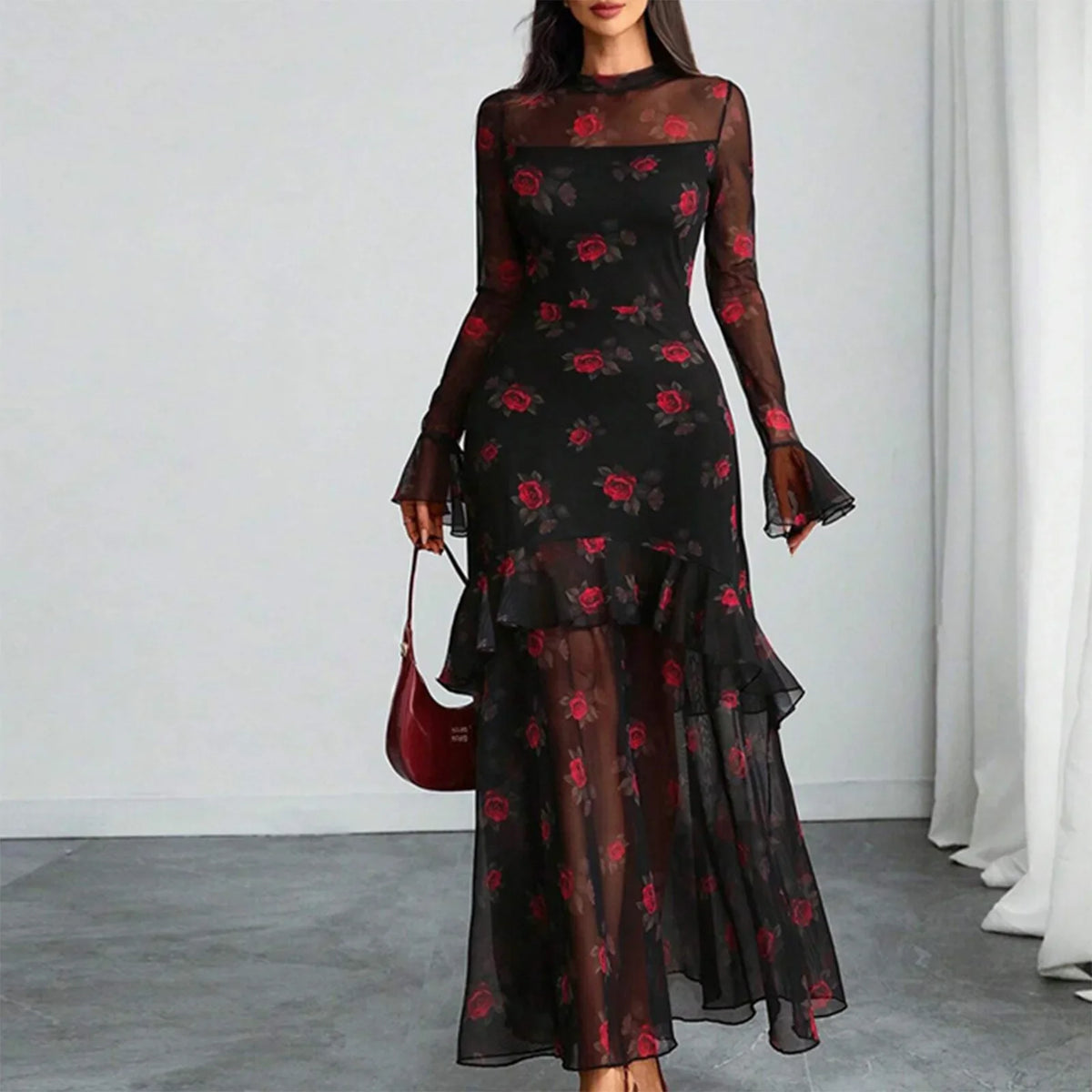 Women's Evening Gown Clothing Vintage Floral Print Maxi Dresses Spring Autumn Long Sheer Sleeve Ruffled Hem Elegant Party Dress (Available)