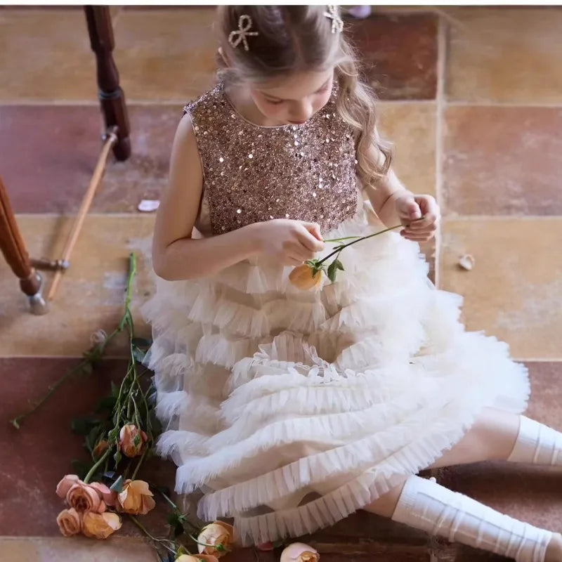 New Summer Party Dress for Kids Girls Sequined Sleeveless Mesh Cake Princess Dress Fashionable and Comfortable Skirt S4016
