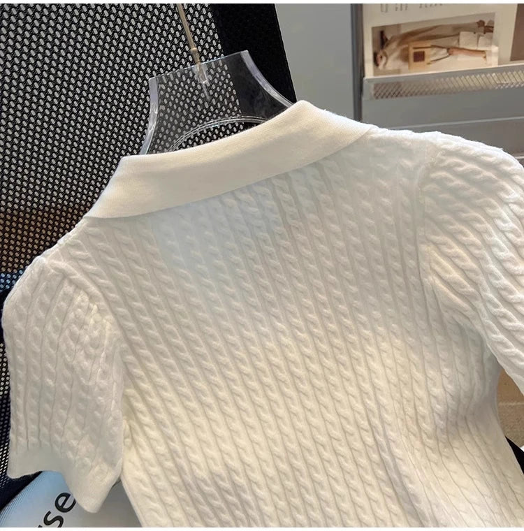 White  irt ort Sve Knitted Top Women's oulder Straight Summer T-irt Commute Sle Korean Version Straight Tube