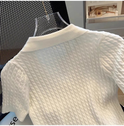 White  irt ort Sve Knitted Top Women's oulder Straight Summer T-irt Commute Sle Korean Version Straight Tube