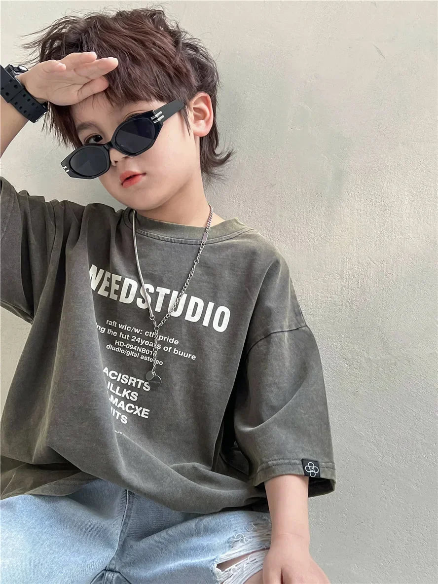 Pure Cotton Children's Short Sleeved Simple Trendy Letters Faded and Worn Half Sleeved T-shirts Boys Girls Stylish