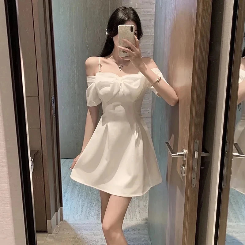 Sexy Off Shoulder Bow Dress Women Slim Short Slip Dress Ladies Style Birthday Formal Elegant White Mini Dresses