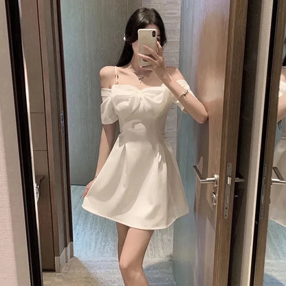 Sexy Off Shoulder Bow Dress Women Slim Short Slip Dress Ladies Style Birthday Formal Elegant White Mini Dresses