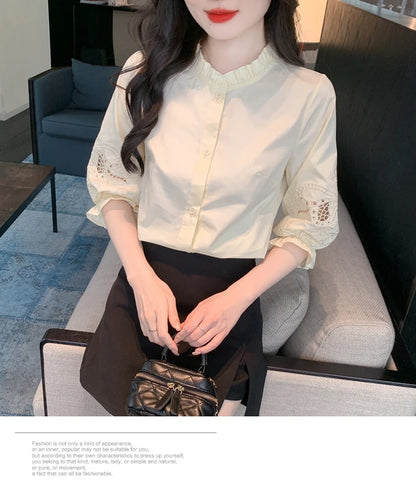 Ele Embroidered ort Sve irt Women's Summer New Design Korean Sle Commute Lantern Sve White irt for Ladies