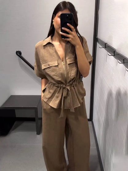 HH Women Pants Suit Solid Short Sleeve Zipper Pocket Drawstring Design Shirt Top+Elastic Waist Loose Casual Wide-leg Pants