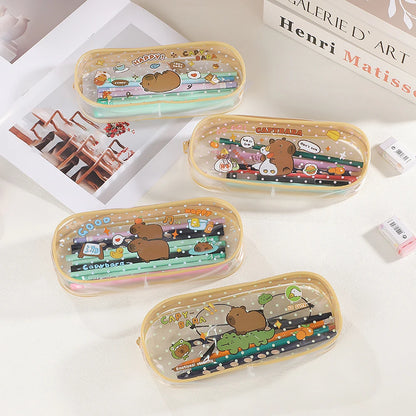 Cartoon Capybara Pencil Case Transparent Waterproof Zipper Pen Pouch Large Capacity Stationary Organizer Bag School Supplies