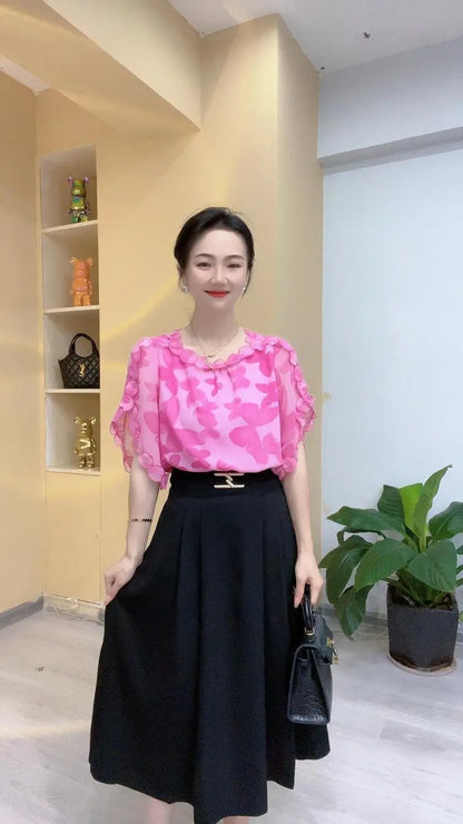 Elegant O-Neck Printed Folds Ruffles Flare Sleeve Blouses Women's Clothing 2024 Summer New Loose Korean Tops Office Lady Shirts