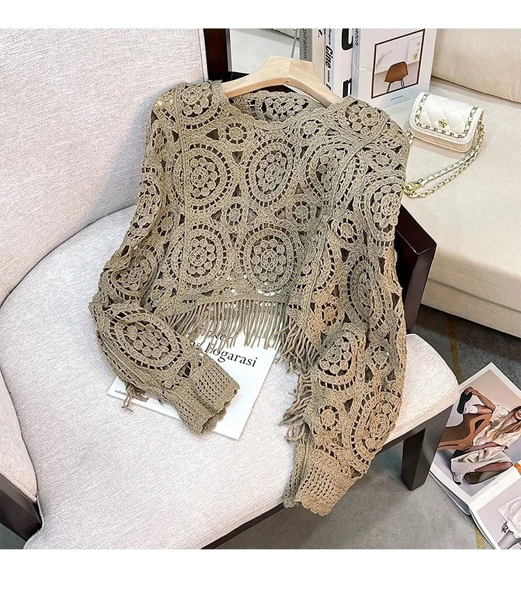 Women Tassel Hook Flower Hollow Out Short Knitting Retro Ethnic Style Round Neck Knitted Female Fashion Loose Top Spring Summer