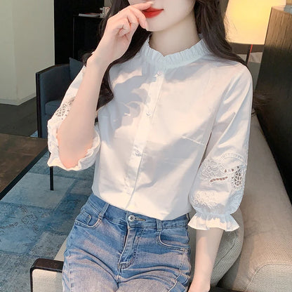 Ele Embroidered ort Sve irt Women's Summer New Design Korean Sle Commute Lantern Sve White irt for Ladies