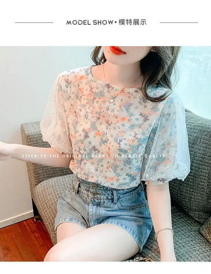 Floral Short-sleeved Chiffon Women's New Puff Sleeve Top Chic and Fashionable Shirt