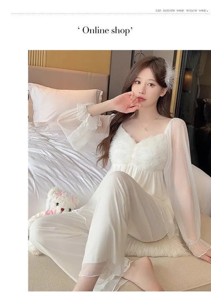 New Hot Luxury Elegant Long Sleeve Pajamas Set With Padded Bra Mesh Plus Size Women For Home Spring Autumn Summer Loungewear