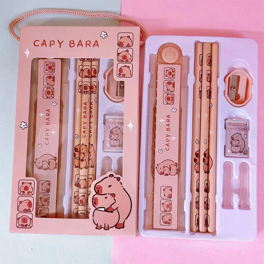 8 In 1 Capybara Cartoon Animals Pencil Ruler Eraser Sharpener Stationery Set Student School Office Writing Supplies Kids Gift