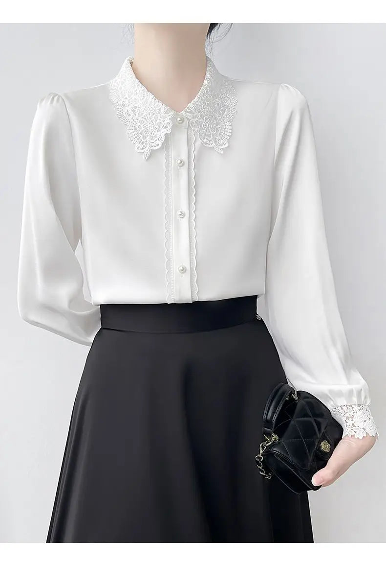 Lapel Lace Hollow Stitching Top Satin Shirt Women's Long-sleeved Temperament Autumn