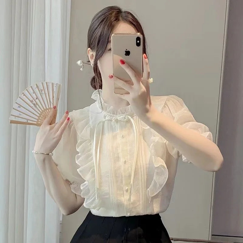New Chinese Button French Ruffled Lace Gentle Chiffon Shirt 2025 Summer Fashion Temperament New Design Small Shirt Stylish Top
