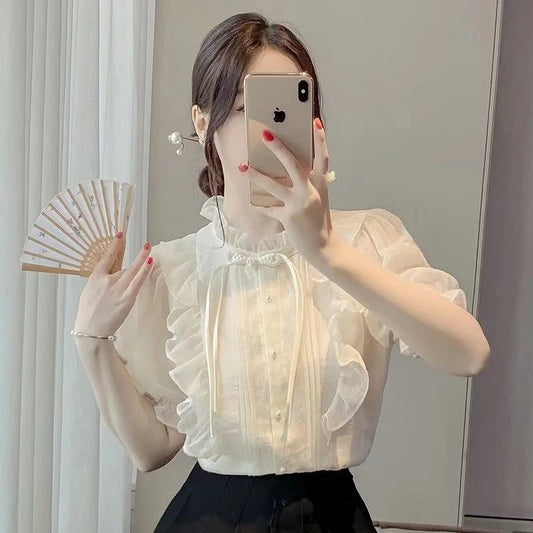 New Chinese Button French Ruffled Lace Gentle Chiffon Shirt 2025 Summer Fashion Temperament New Design Small Shirt Stylish Top