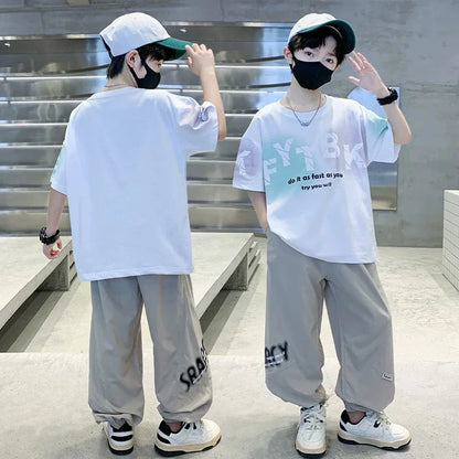 Teenager Boys Clothes Casual Outfit Kids Gradient Tracksuit Child t shirt + ankle tie pant