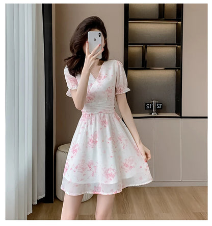 Floral Print A-Line Chiffon Dr Women's Summer 2026 New Sle Slimming ort Dr V-Ne Princ Sve Waist-Cinched