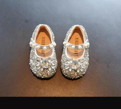 Toddler Kids Princess Shoes Shiny Crystal Girls Flats Sweet Glitter 2025 New Fashion Baby Walking Shoes Soft Bottom Non-slip