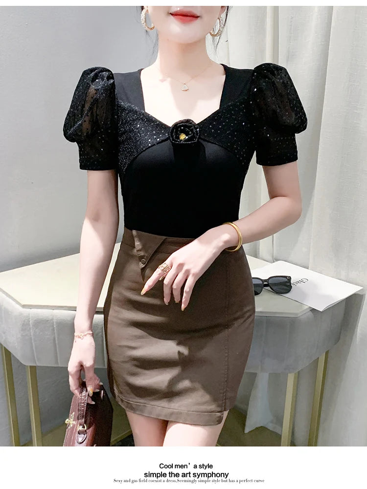 Women's Chic Youthful Square Neck Puff Sleeve T-Shirt Shimmery Floral Summer Blouse  Slim Fit Trendy Top