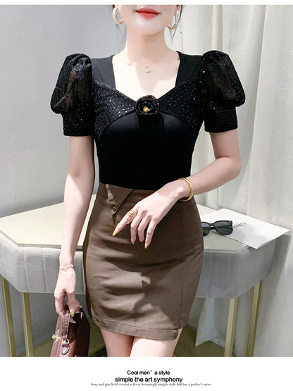 Women's Chic Youthful Square Neck Puff Sleeve T-Shirt Shimmery Floral Summer Blouse  Slim Fit Trendy Top