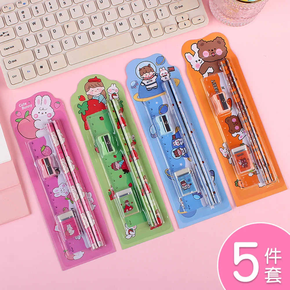 5Pcs Cute Cartoon Stationery Set Pencil Ruler Eraser Pencil Sharpener Kawaii Children School Scrapbook Supplies Set For Gifts