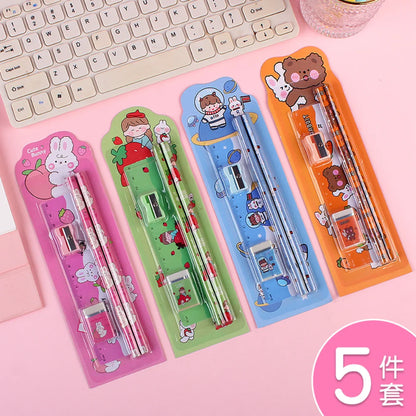 5Pcs Cute Cartoon Stationery Set Pencil Ruler Eraser Pencil Sharpener Kawaii Children School Scrapbook Supplies Set For Gifts