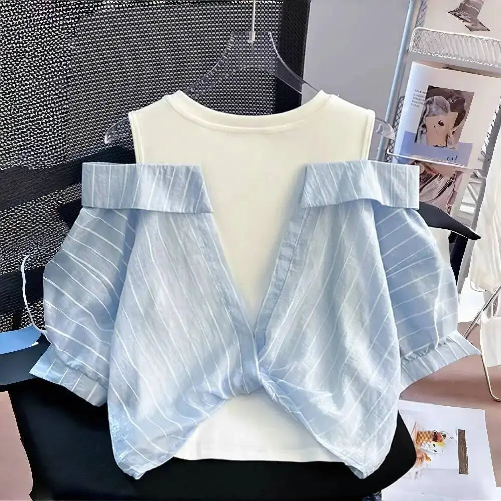 Girls' Western style loose fitting shirt new children's off shoulder top T-shirt fake two-piece top