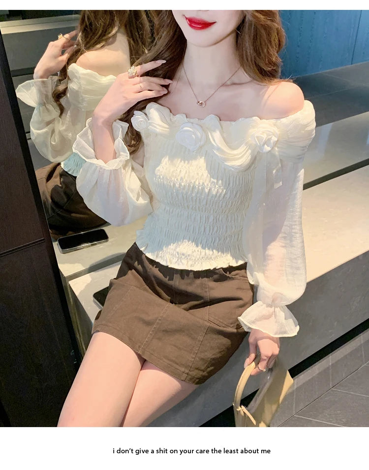 Sweet oulder One-oulder 3D Flower Bell Sve Women's irt Spring New Sle Waist Cinching Beautiful Top Ci Walk ort...