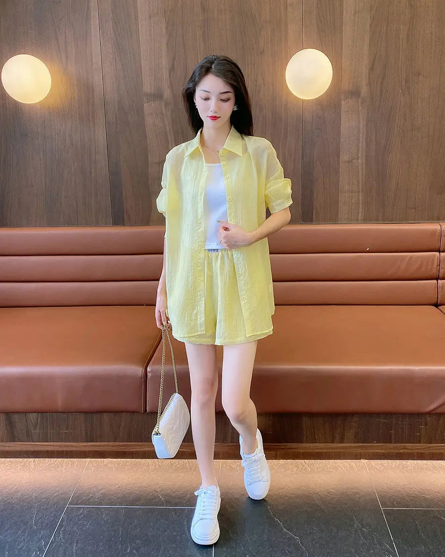 Spring and Summer Sun Protection Women's Set Stylish Loose Shirt Shorts High-end Elegant Women's Three Piece Set