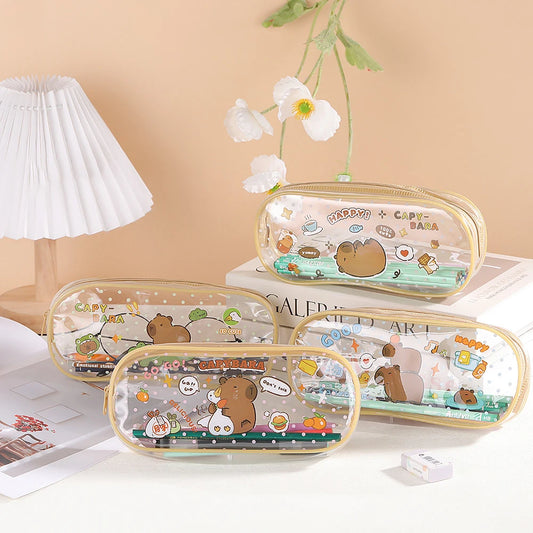 Cartoon Capybara Pencil Case Transparent Waterproof Zipper Pen Pouch Large Capacity Stationary Organizer Bag School Supplies