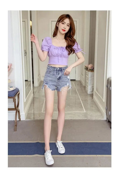 New Women's One-shoulder Lace-up Short Sleeve Waist-hugging Top