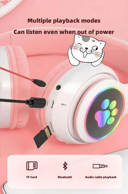P47M Wireless Headphone Flash Light Cute Cat Bluetooth with Mic Control LED Stereo Music Helmet Phone Bluetooth Headset Gift