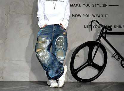 High End Men'S Clothing Hip Hop Graffiti Baggy Jeans For Men Streetwear Skateboard Ripped Jeans Korean Trendy Denim Trousers  ( Available )