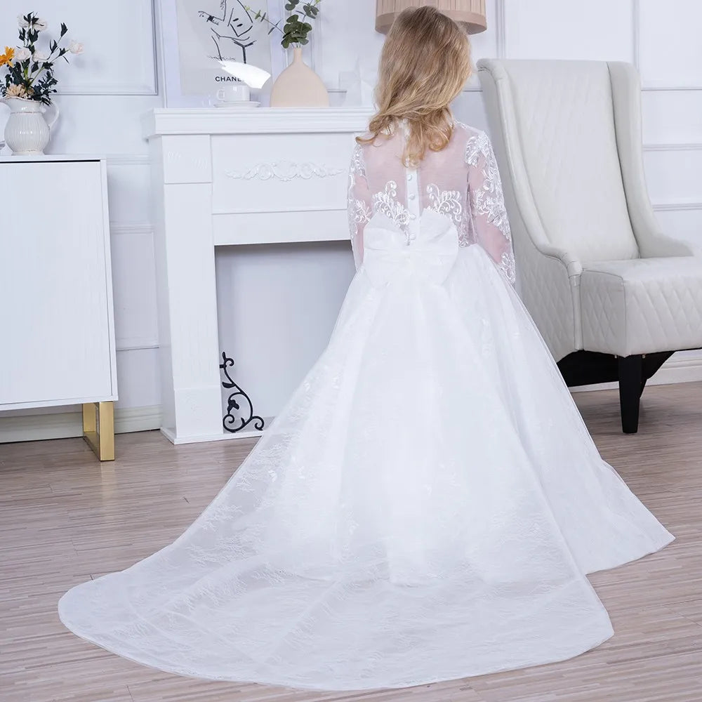A Line Girl Lace Appliques Princess Wedding Party Flower Girls Dresses Vintage Gown With Bow Kids First Communion Ball Gown