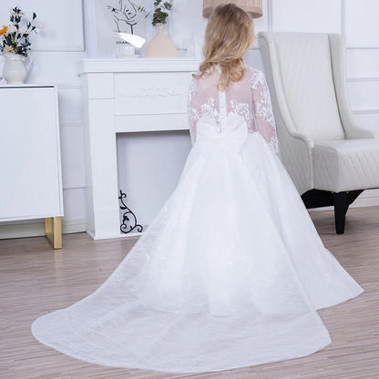 A Line Girl Lace Appliques Princess Wedding Party Flower Girls Dresses Vintage Gown With Bow Kids First Communion Ball Gown